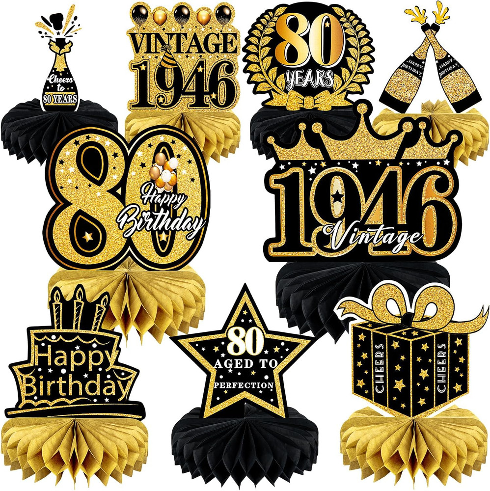 9 Pcs 80Th Birthday Decoration for Men Women Happy 80Th Birthday Honeycomb Cente