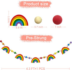 Colorful Pre-Strung Rainbow Banner Felt Wool Ball Wood Beads Garland Multicolor