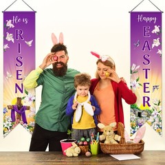 Outus Happy Easter Door Banner He Is Risen Porch Sign 47 x 12 inches, Purple