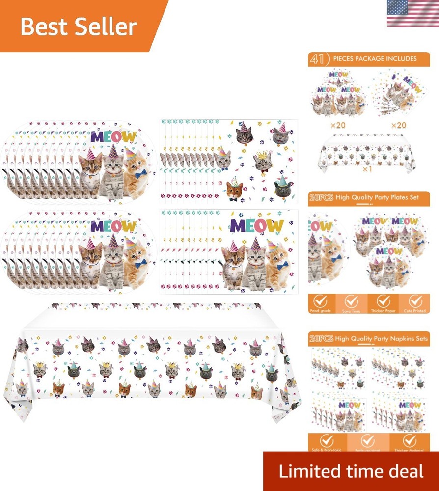 Eco-Friendly 41Pc Cat Theme Party Kit – Plates, Napkins & Tablecloth included