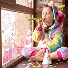 6 Sheet Happy Birthday Window Clings Pink Birthday Cake Balloon Firework Reus…