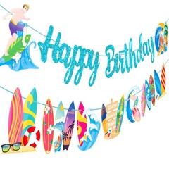 2Pcs Summer Surfing Happy Birthday Banners Blue Glitter Summer Surfing Surfbo…