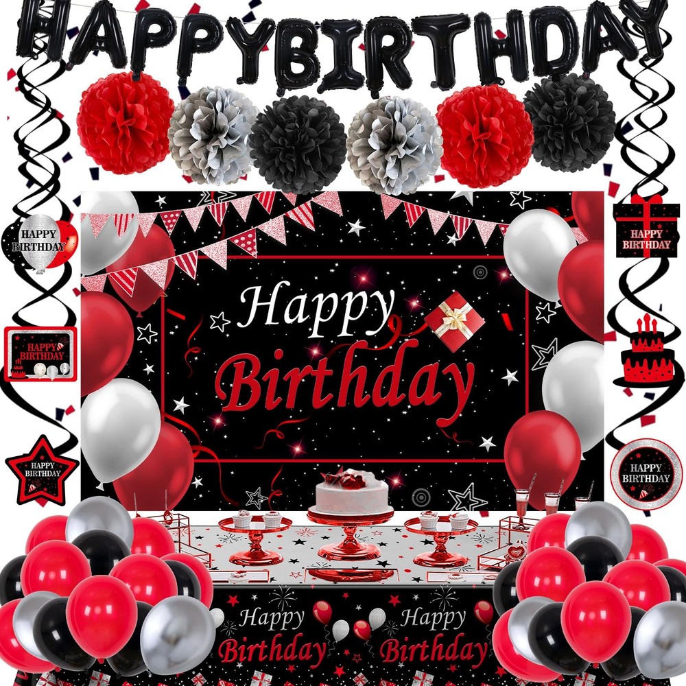 Red and Black Party Decorations, 52 PCS Birthday Decorations for Men Women Bo…
