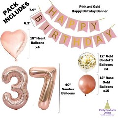 37th Birthday Decorations For Her – Pink and Rose Gold Theme – Balloons, Banner