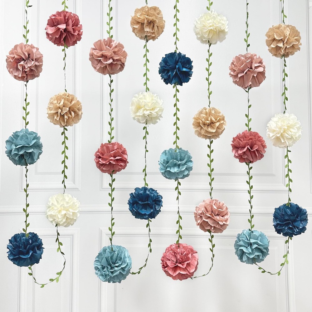Dusty Rose Pink Blue Khaki Beige Tissue Paper Flowers Pom Pom with Leaf Ribbo…