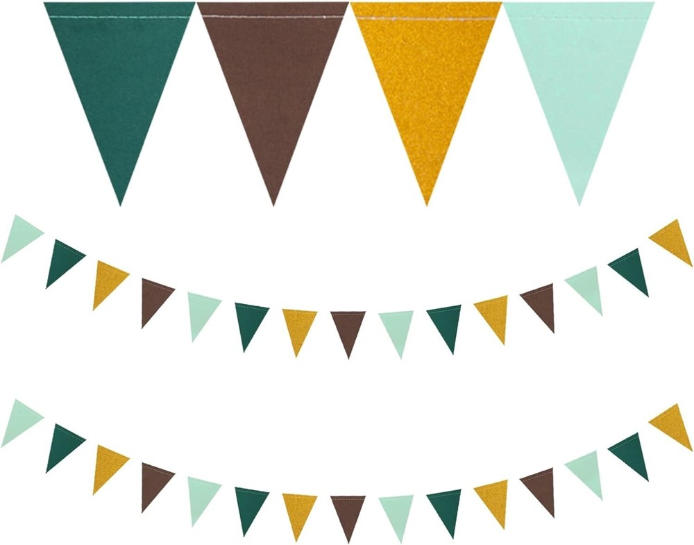 Sage-Green Gold Brown Party Decorations – 2 Pack Paper Pennant Banner Triangl…