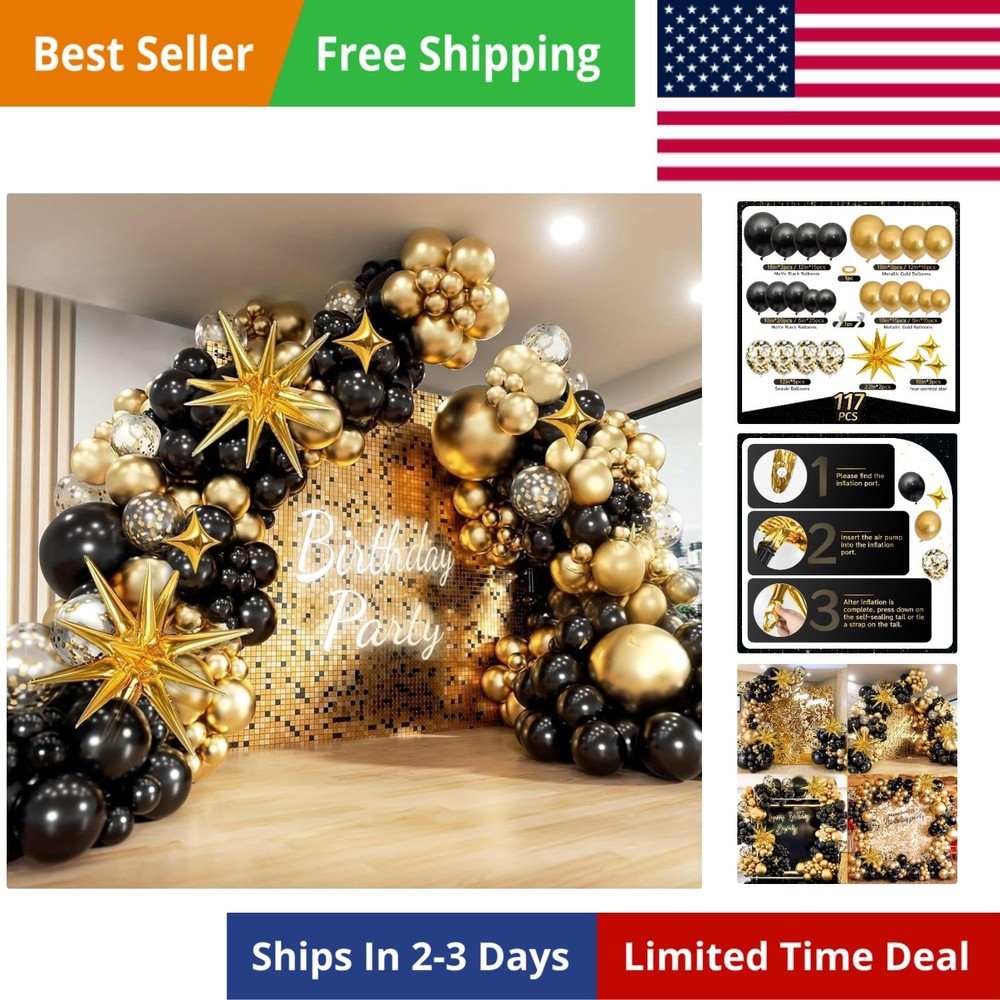 Black and Gold Balloon Arch Kit 117 PCS, Gold and Black Party Decorations, 20…