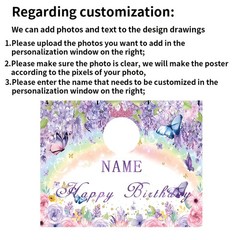 1pc Personalized Purple Flower Butterfly Princess Birthday Poster Tapestry Art ❀