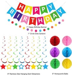 Birthday Decorations, Birthday Banner, Honeycomb Balls, Stars Hanging Swirls