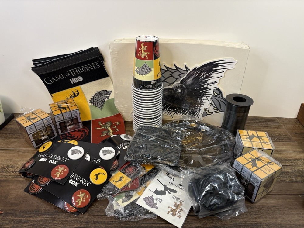 Game of Thrones Party Supply Lot Banner Decals Plates Balloons Rubik’s Buttons