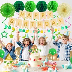 79Pcs Birthday Decorations Happy Birthday Banner Green Gold Balloons Paper F…