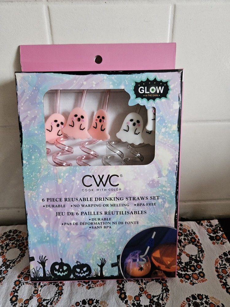 Tk Maxx Halloween Glow In The Dark Set Of 6 White & Pink Reusable Straws