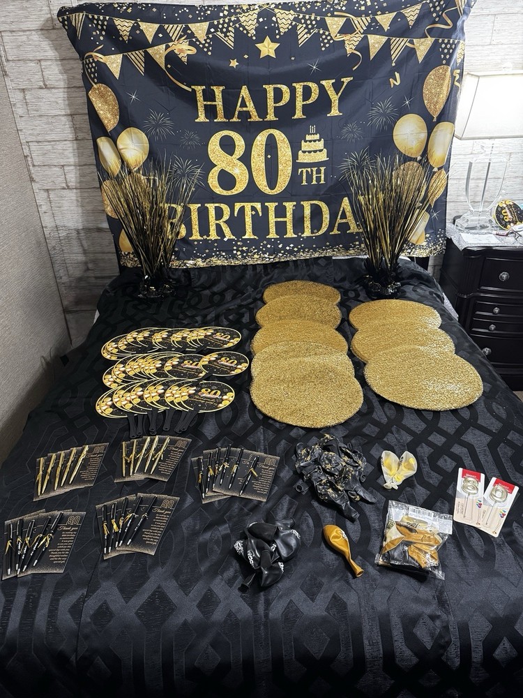 Black & Gold 80th Birthday -Gold Sequin Placemats, Fans, Banner, Thank You Cards