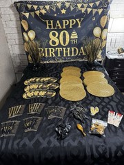 Black & Gold 80th Birthday -Gold Sequin Placemats, Fans, Banner, Thank You Cards