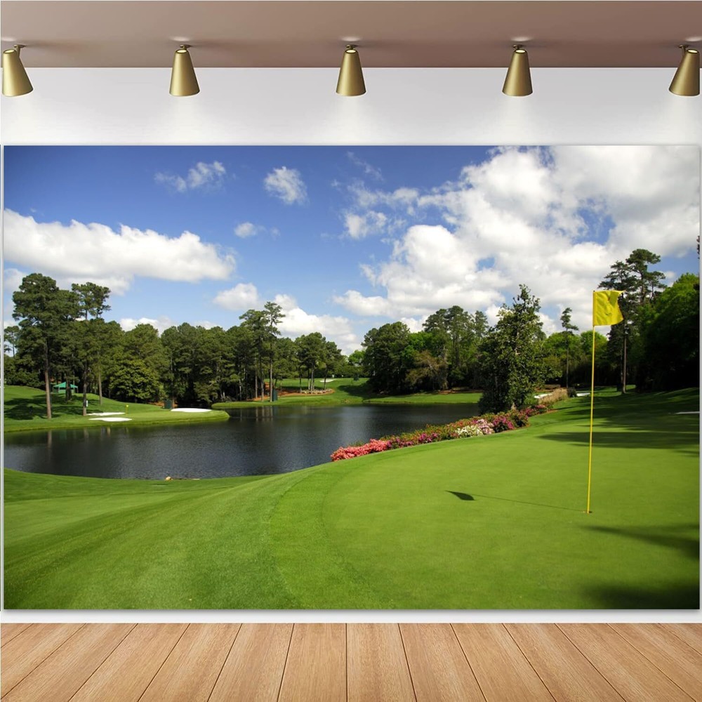 Golf Course Backdrop Woodland Green Grass Lawn Golf Flag Lake Sports Backgrou…
