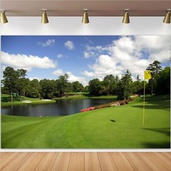 Golf Course Backdrop Woodland Green Grass Lawn Golf Flag Lake Sports Backgrou…