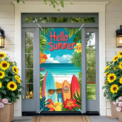 Hello Summer Decorations Surfboard Beach Door Cover Backdrop 71X35 Inch