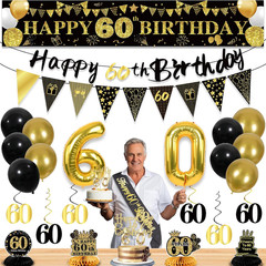 27Pcs 60Th Birthday Decorations for Men, Black Gold 60Th Party Decorations, Happ