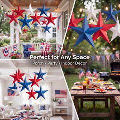 18 Pcs 12» 3D Large Patriotic Paper Stars Hanging Decorations 4Th of July Red W