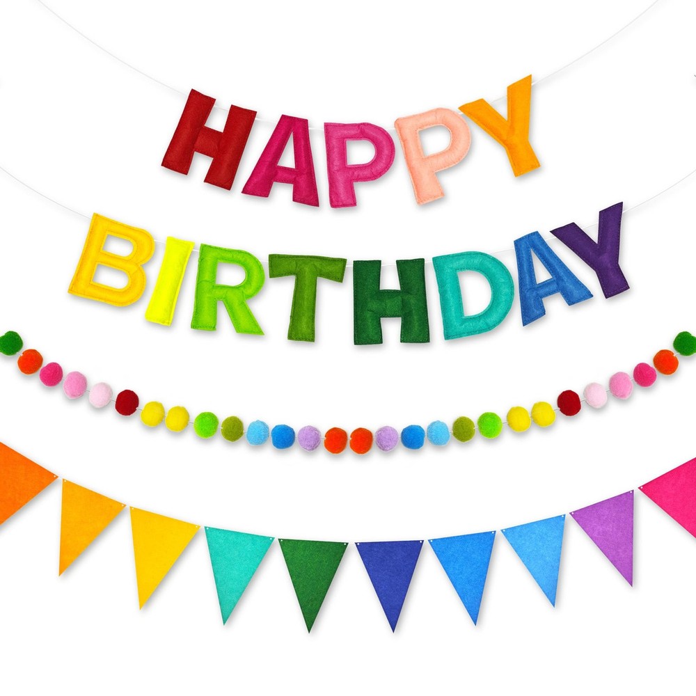 CANREVEL Pre-Strung 3D Rainbow Happy Birthday Banner, 3 PCS Multi Color