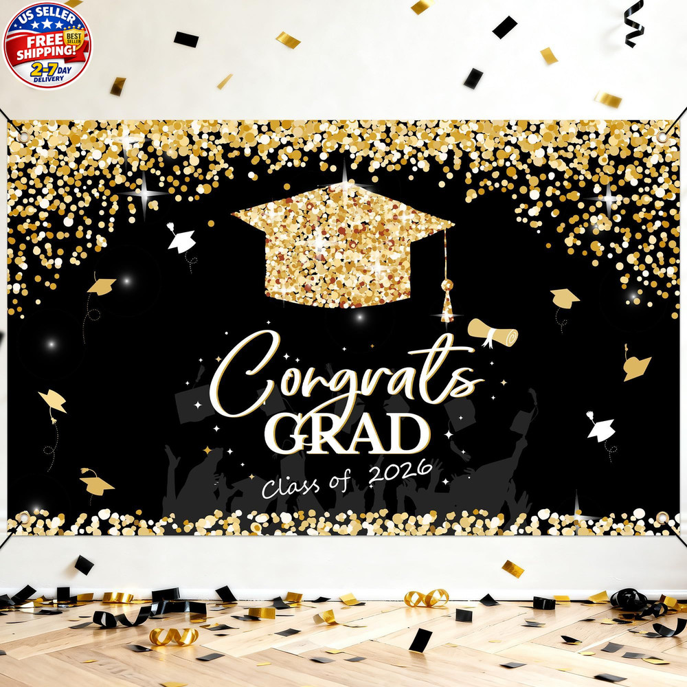Class of 2026 Graduation Backdrop Banner Black Gold Congrats Grad Party Decor