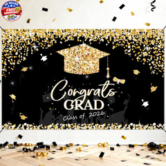Class of 2026 Graduation Backdrop Banner Black Gold Congrats Grad Party Decor