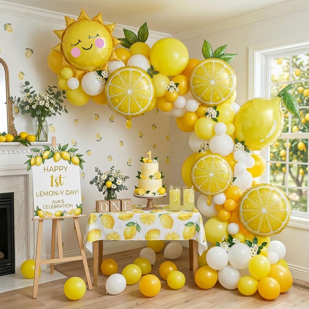 Yellow lemon Balloon Garland Arch kit with Sun lemon mylar Balloons for Summe…