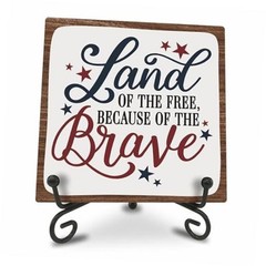 July 4th Wooden Plaque With Iron Stand – Free & Brave – 4″X4″ Wood Sign For