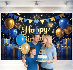 Blue Gold Happy Birthday Backdrop Banner 70.8 x 47.2 Inch,