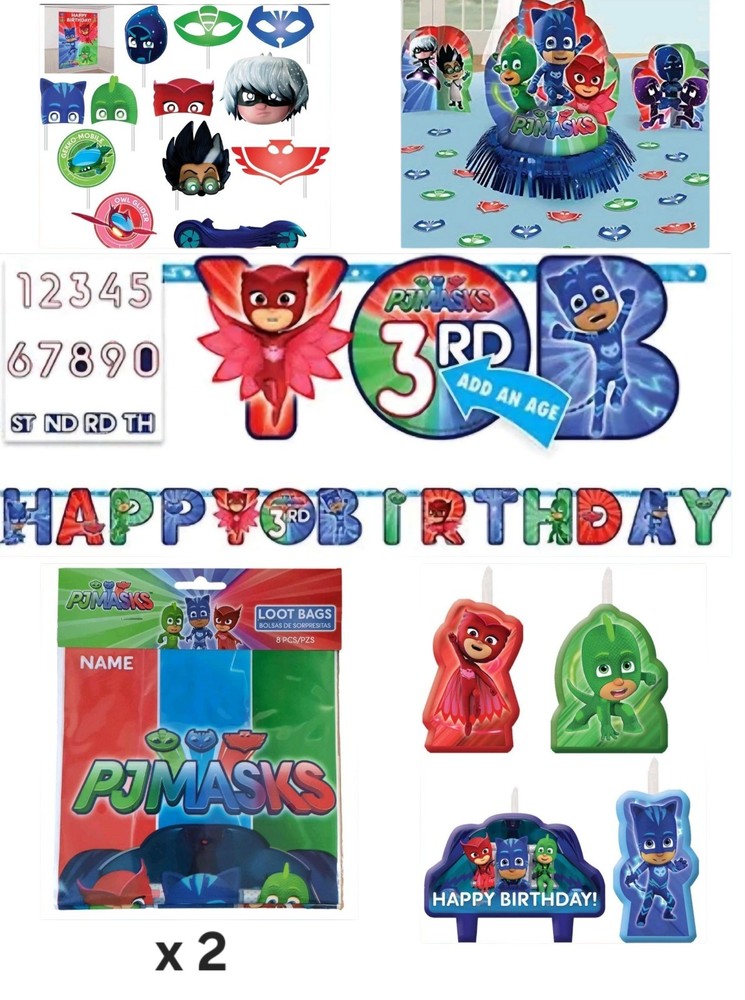 PJ Masks – 6 Piece Birthday Party Decoration Kit – Banner/Backdrop/Candle Etc