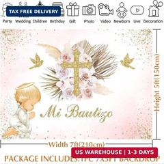 Avezano Mi Bautizo Backdrop Boho Baptism Party Decorations for Girl Blush Pink F