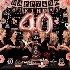 40th Birthday Decorations for Women Rose Gold Banner Balloon Pompoms Swirls
