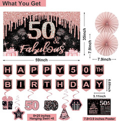 50th Birthday Party Decorations Kit 32pcs Rose Gold Black Banner Crown Sash Ball