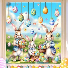 Easter Window Decoration Clings Double-Sided Cute Bunny Decals Home Indoor Decor