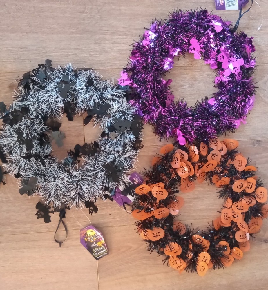 Set of 3 Halloween Tinsel Wreath 24cm Hanging Decorations. Orange, Purple, Black