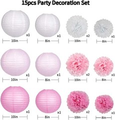 15Pcs Party Pack Paper Lanterns and Pom Pom Balls Hanging Decoration for Wedd…