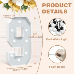 3 Feet Tall Marquee Light Up Numbers Pre-cut Foam Board Number 9 3ft White