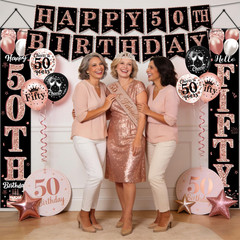 50Th Birthday Decorations for Women, 38-Piece Black and Rose Gold 50 Years Old P
