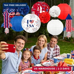 4th of July Decorations Red White Blue Paper Lanterns Flower Tissue Pom Poms Fan