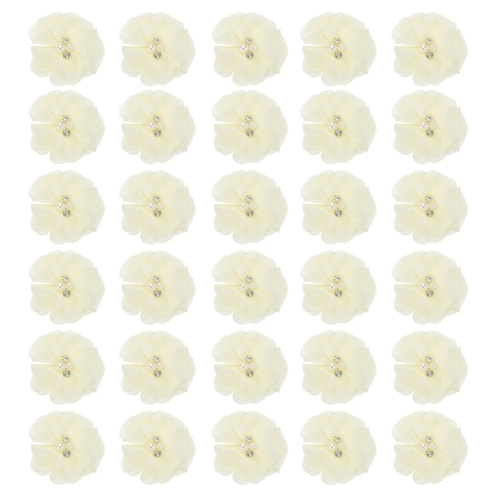 30Pcs 2″ Chiffon Flowers with Rhinestone Pearl Sewing Fabric Flower,Light Yellow