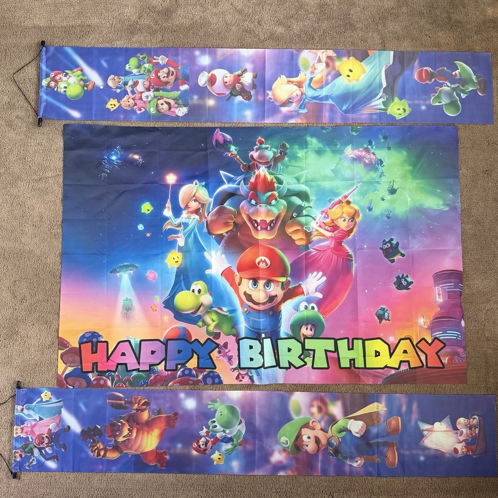 Super Mario Galaxy Happy Birthday Banner Lot of 3 Photo Back Drop Luigi Bowser