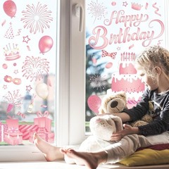 6 Sheet Happy Birthday Window Clings Pink Birthday Cake Balloon Firework Reus…