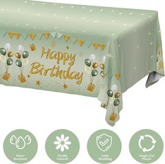 2Pcs Sage Green Birthday Tablecloth Decorations for Women Girls, Light Green Hap