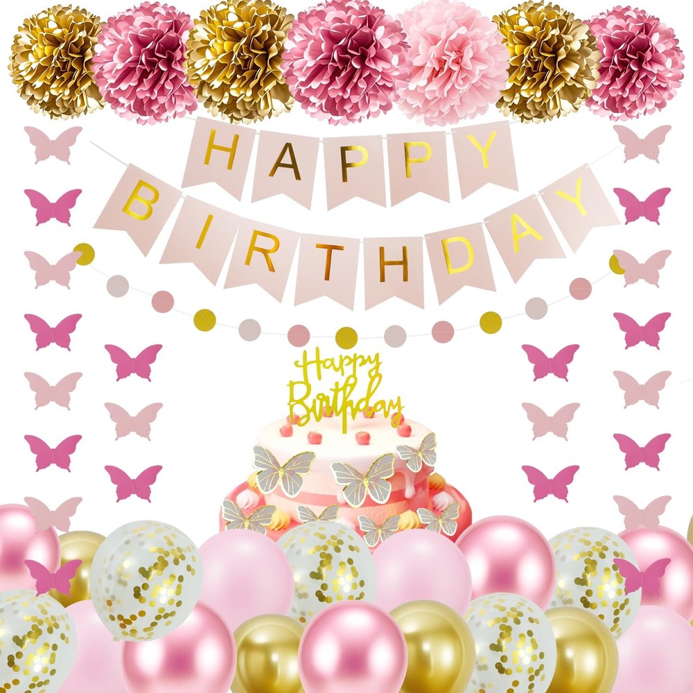 40pcs Pink Gold Birthday Party Decorations,Gifts for Women or Girls, Happy Bi…