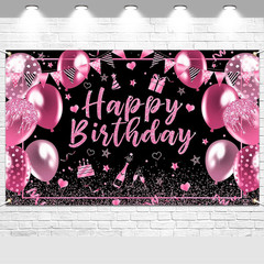 Pink & Black Happy Birthday Banner Backdrop 6×3.6ft Party Decoration