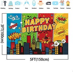Cartoon Super City Backdrop Superhero Birthday Theme Decoration Banner 5x3ft