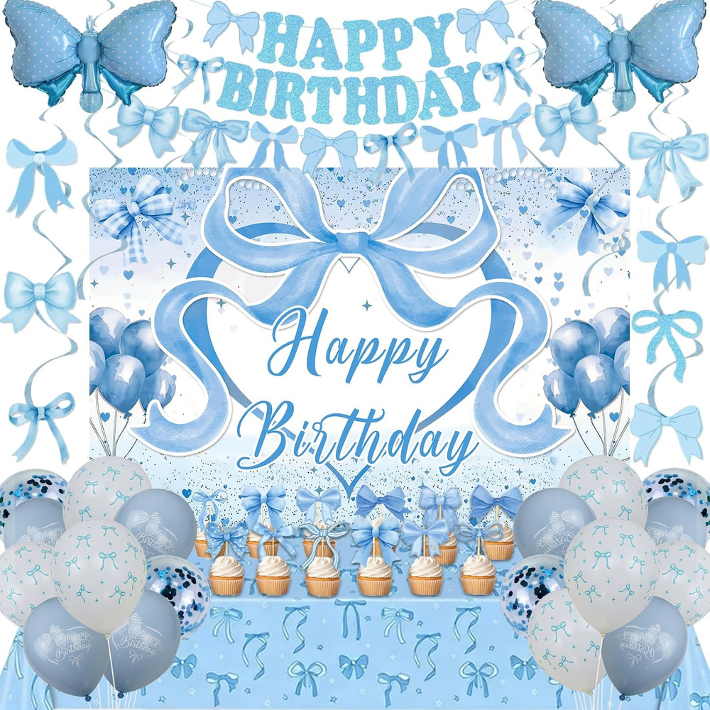 Blue Bow Birthday Decorations for Girls Women, Coquette Bow Birthday Decorations