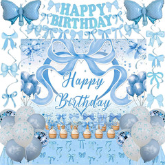 Blue Bow Birthday Decorations for Girls Women, Coquette Bow Birthday Decorations