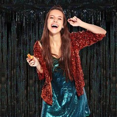 2 Pack Laser Black Tinsel Foil Fringe Curtains, Black Party Decorations, Meta…