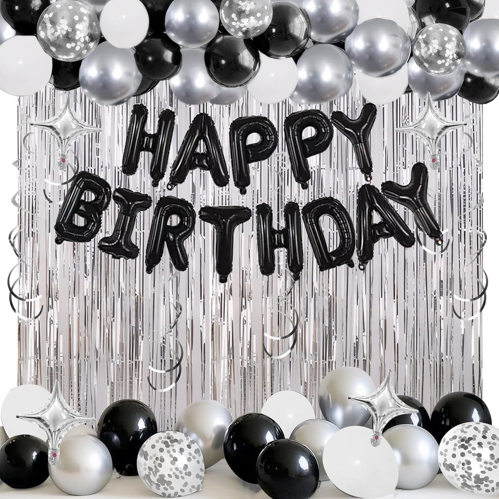 92PCS Black Silver Birthday Decorations Balloons Set for Men Women Party